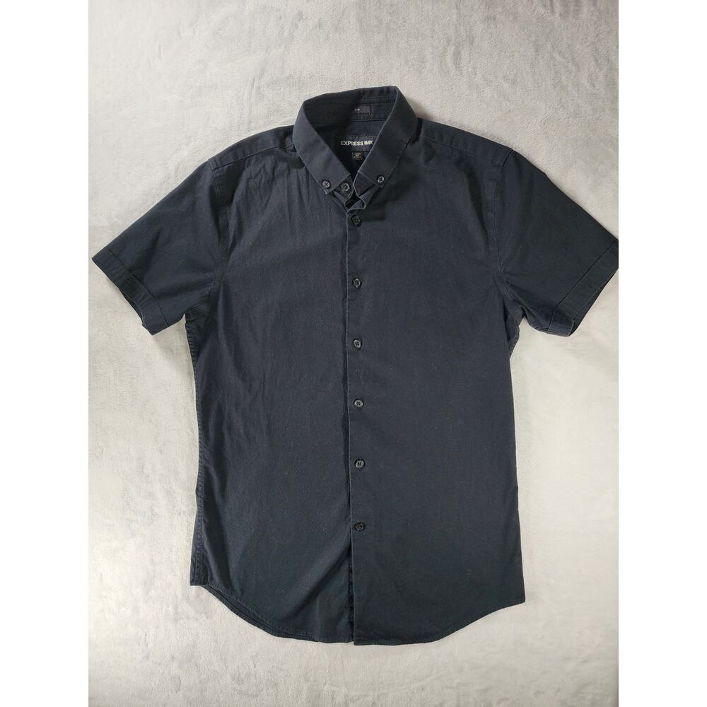 XS Express Men’s Slim Performance Button Up Short Sleeve Shirt Black Extra-Small